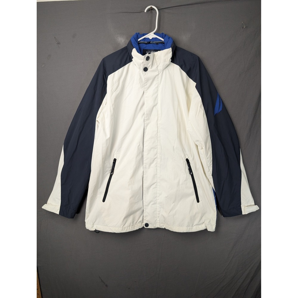 Nautica Mens Colorblock Windbreaker Jacket White‎ Navy Blue Large Hidden Hood